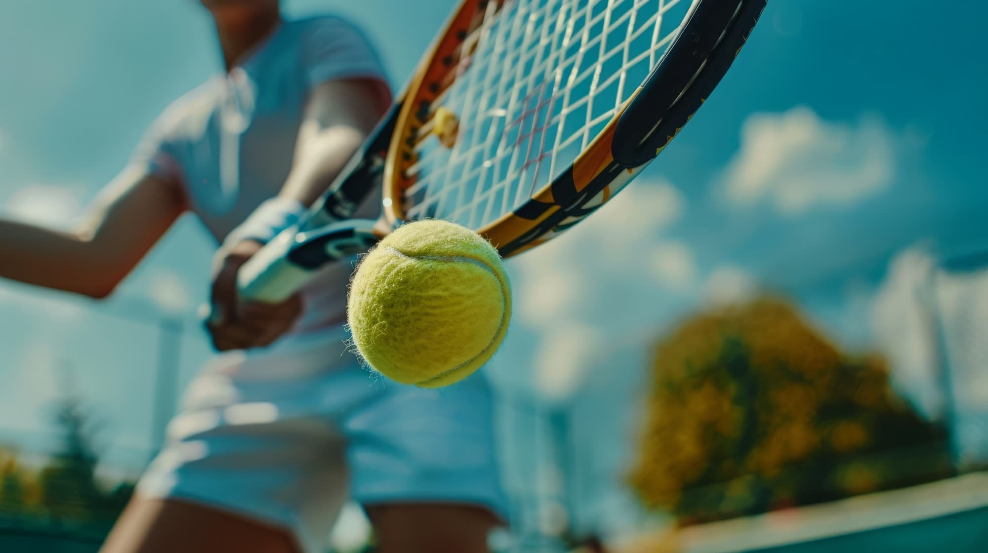 A player meeting the ball on a sunlit hard court.